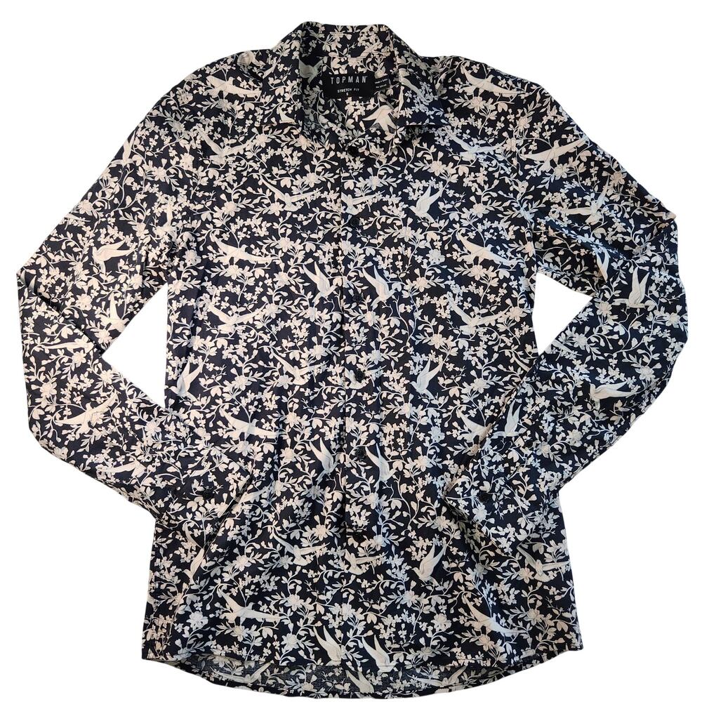 Topman Black and White Floral Button Down Long Sleeve Shirt, Size Small